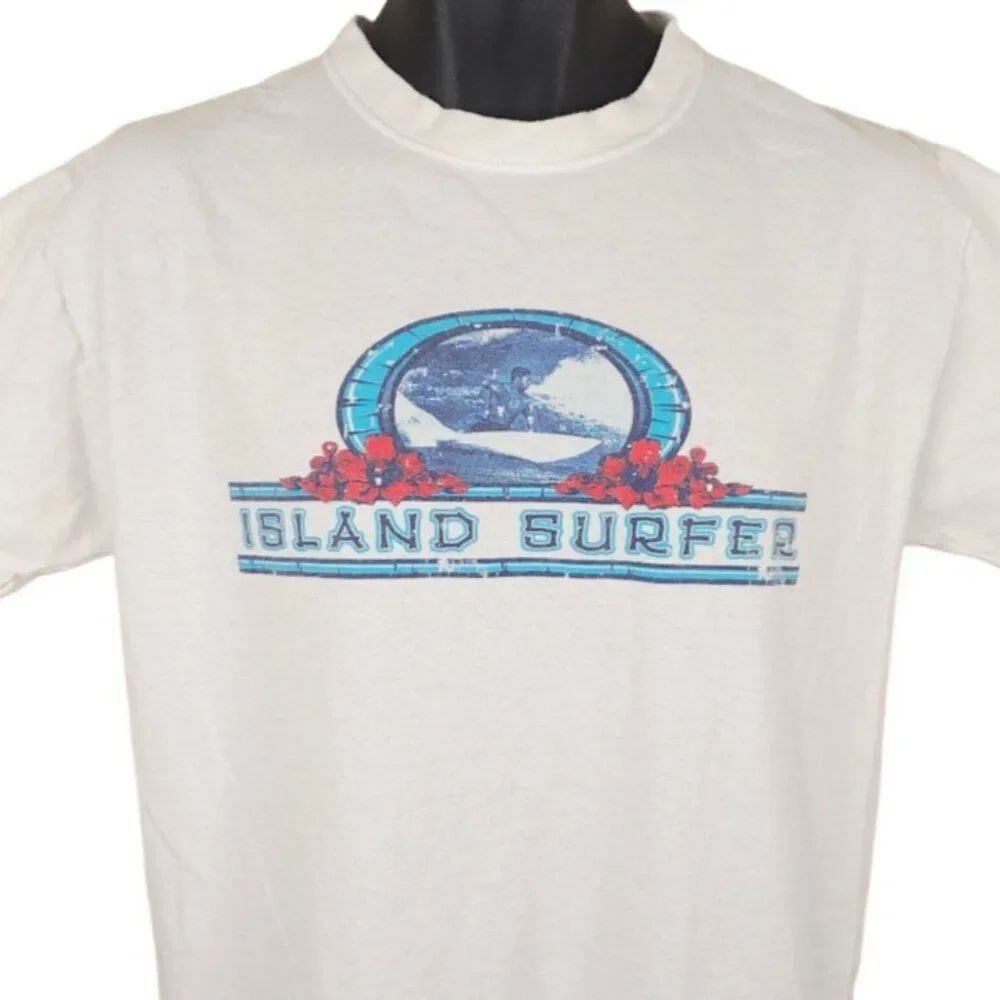 Vintage Island Surfer T Shirt Mens Size Medium White Y2K Hawaii Hawaiian Travel